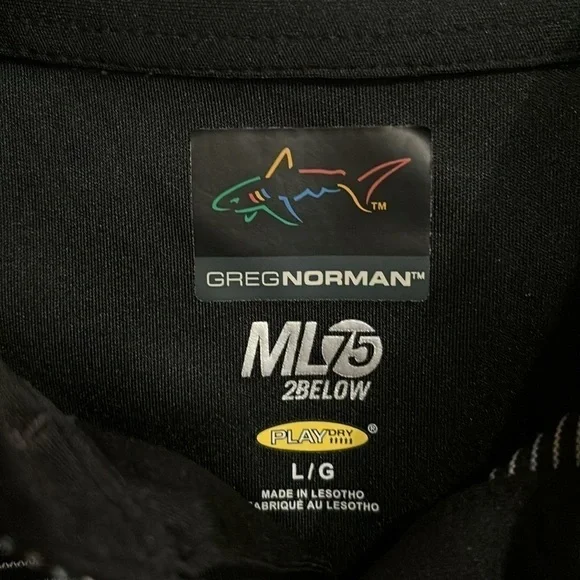 Men’s Large Greg Norman ML 75 2 below golf shirt black with stripes - Picture 2 of 3